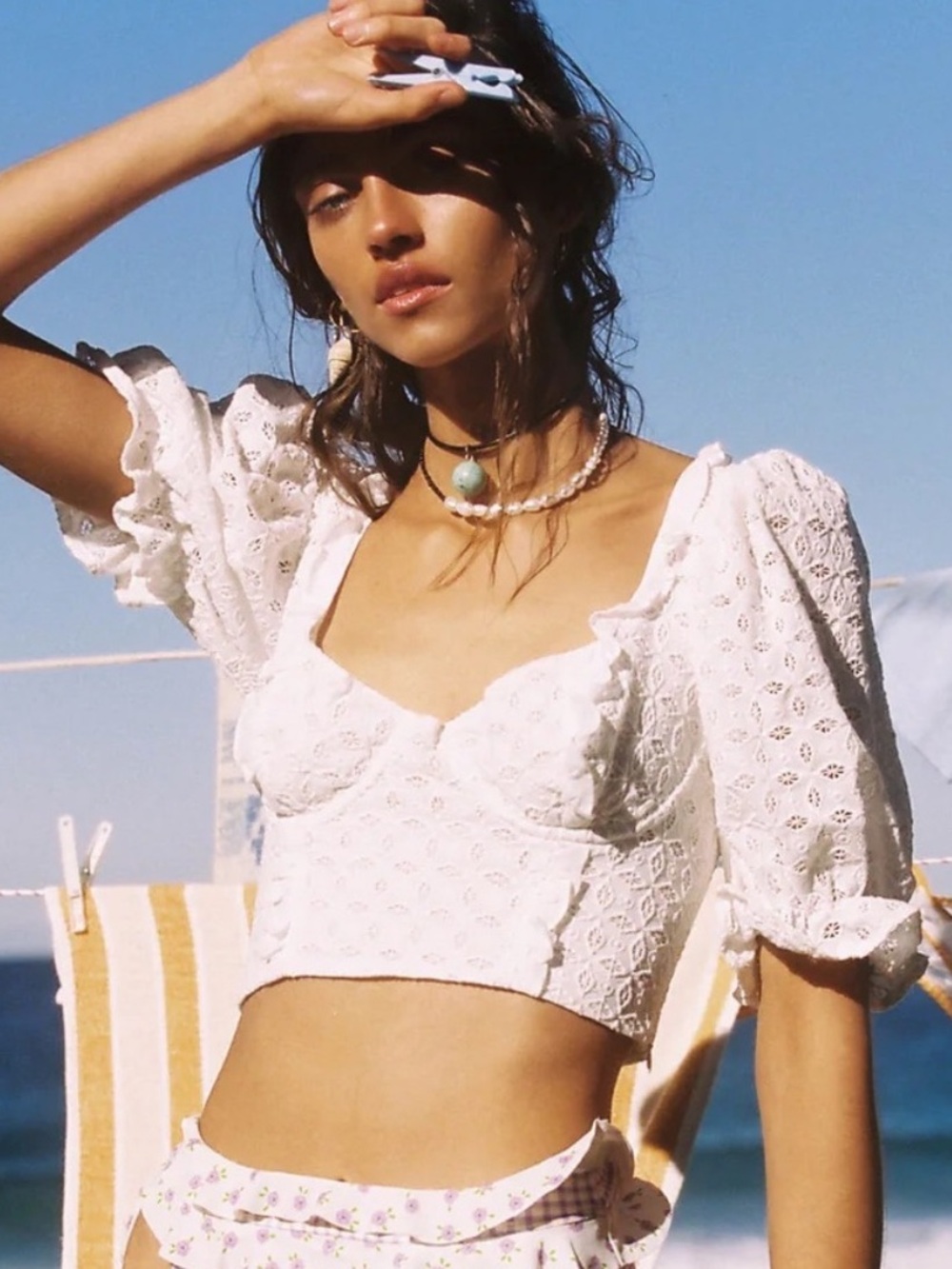 For Love and Lemons Sand Dollar Lace-up Top White Eyelet Puff Sleeve Crop Small
